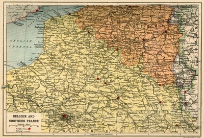 Mappa del Belgio e della Francia settentrionale da John Bartholomew and Son
