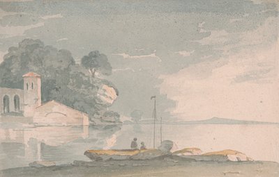 Barca e figure sulla riva di un lago da John Baverstock Knight
