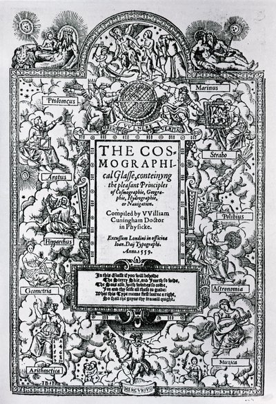 Pagina del titolo di The Cosmographical Glass, 1559 da John Bettes