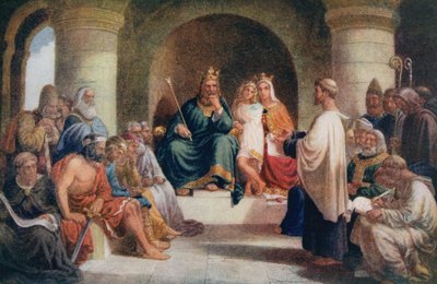 Re Alfredo presenta le sue leggi al Witan, illustrazione da 