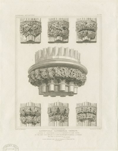 Interno della Cattedrale di Lichfield - Pilastro a grappolo nella Sala Capitolare e Staffe nella Cappella della Madonna: incisione, nd [c 1819] da John Britton