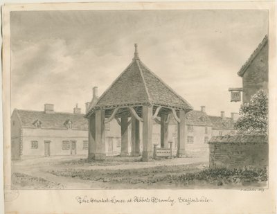 Abbots Bromley - Casa del Mercato e Stocks (disegno a seppia, 1839) da John Buckler