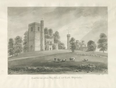 Chiesa e Castello di Arley: disegno a seppia da John Buckler