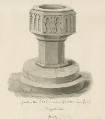 Burton-upon-Trent - Fonte battesimale nella Vecchia Chiesa (disegno a seppia) da John Buckler