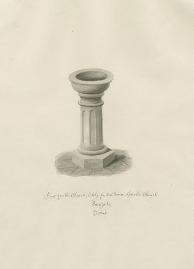 Chiesa del Castello - Fonte battesimale nella Chiesa: disegno a seppia da John Buckler