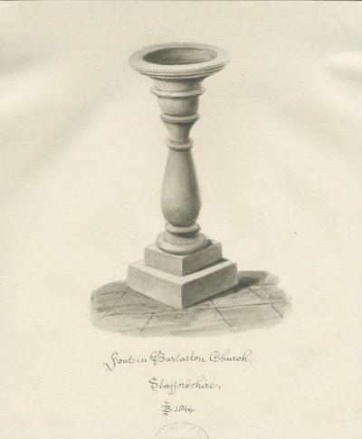 Fonte battesimale nella chiesa di Barlaston (disegno a seppia, 1844) da John Buckler