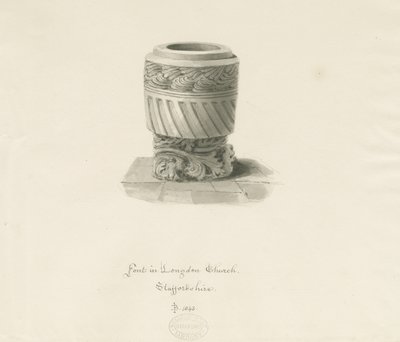 Fonte battesimale nella chiesa di Longdon: disegno a seppia da John Buckler