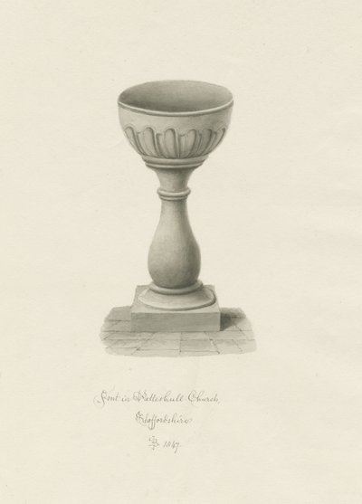 Fonte battesimale nella Chiesa di Patshull: disegno a seppia da John Buckler