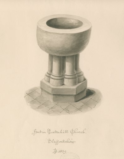 Fonte battesimale nella chiesa di Tatenhill: disegno a lavaggio seppia da John Buckler