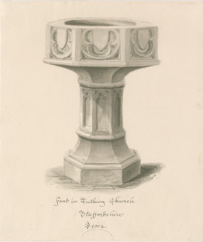 Fonte battesimale nella Chiesa di Tutbury Priory: disegno a seppia da John Buckler