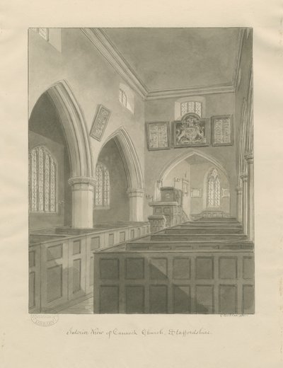 Interno della Chiesa di Cannock: disegno a seppia da John Buckler