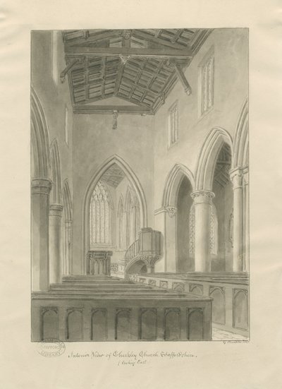 Interno della Chiesa di Checkley: disegno a seppia da John Buckler
