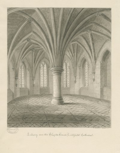 Interno della cattedrale di Lichfield - Biblioteca sopra la sala capitolare: disegno a seppia da John Buckler