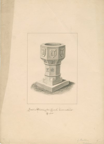 Lancashire - Chiesa di Waddington - Fonte battesimale (disegno a seppia, 1808) da John Buckler
