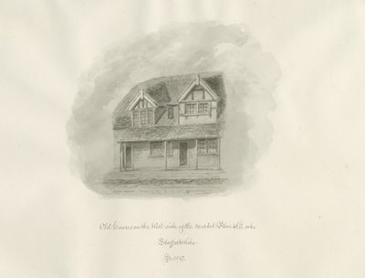 Città di Leek - Vecchie case in Market Place: disegno a seppia da John Buckler