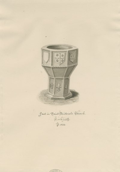 Lichfield - Fonte battesimale nella chiesa di St. Michael: disegno seppia da John Buckler
