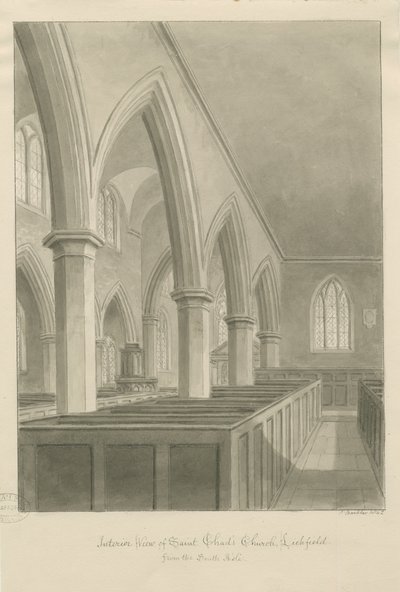 Lichfield - Interno della chiesa di St. Chad: disegno seppia da John Buckler