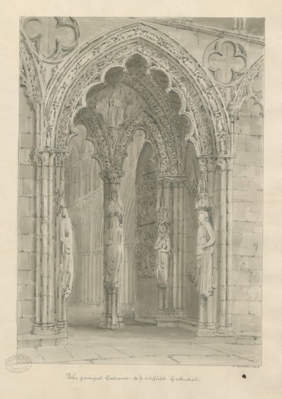 Cattedrale di Lichfield - Porta Ovest: disegno a seppia da John Buckler