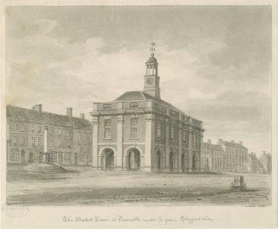 Newcastle-under-Lyme - Piazza del Mercato (disegno a seppia, 1840) da John Buckler