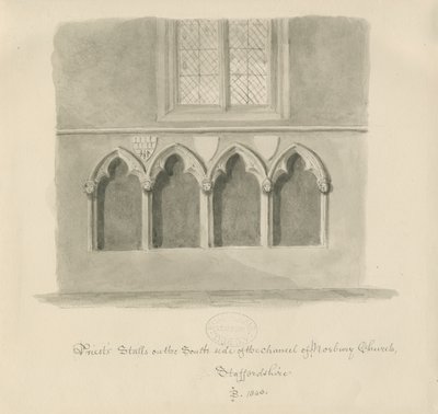 Chiesa di Norbury - Stalli dei sacerdoti: disegno a lavaggio seppia, 1843 da John Buckler