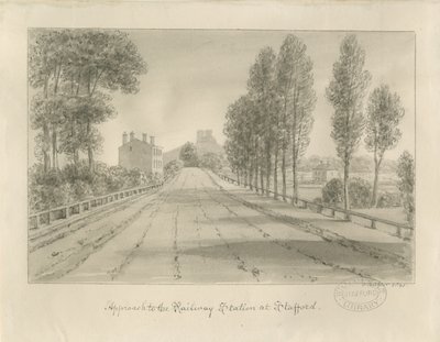 Stafford - Accesso alla stazione ferroviaria: disegno a seppia da John Buckler