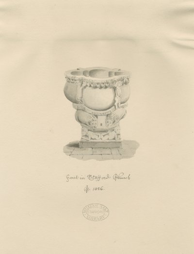 Stafford - Fonte battesimale nella Chiesa di Santa Maria: disegno a seppia da John Buckler