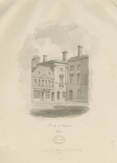 Stafford - Vecchia Banca in Market Square: disegno a seppia da John Buckler