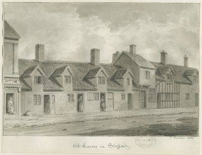Stafford - Vecchie case [in Eastgate Street]: disegno a seppia da John Buckler