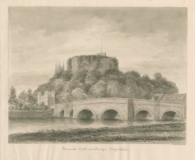 Castello e ponte di Tamworth: disegno a seppia da John Buckler