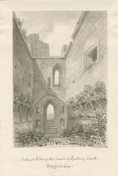 Castello di Tutbury - Interno delle rovine: disegno a seppia da John Buckler