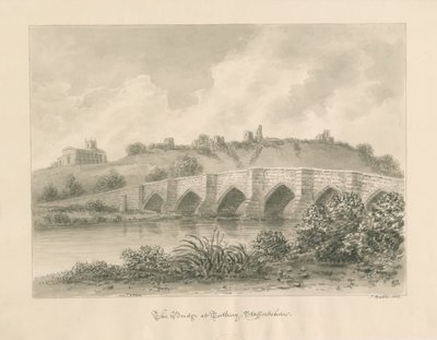 Castello, chiesa e ponte di Tutbury: disegno a seppia da John Buckler