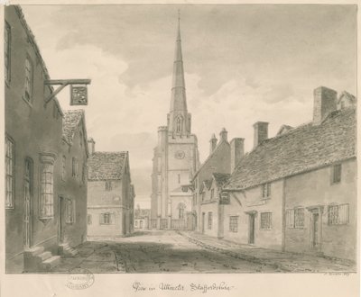 Città di Uttoxeter - Vista della strada: disegno a seppia da John Buckler
