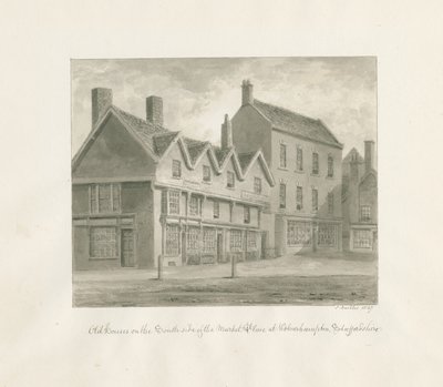 Wolverhampton - Vecchie Case sul Lato Sud della Piazza del Mercato: disegno seppia, 1847 da John Buckler
