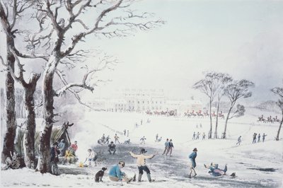 Veduta di Buckingham House e St James Park in Inverno, pub. da R. Havell e Figli, 1810 da John Burnet