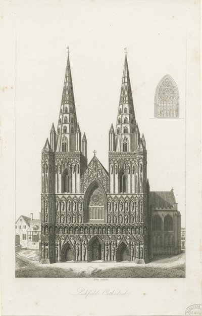 Cattedrale di Lichfield - Facciata Ovest: incisione, nd [?inizio 19° sec] da John Byrne