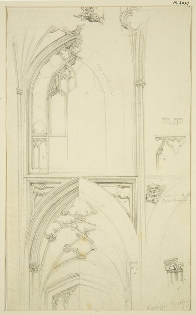Dettagli della Traceria della Finestra del Cleristorio e della Volta della Navata sottostante, in St Mary Redcliffe da John Carter