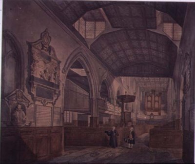 Veduta Interna della Chiesa di St. Giles, Cripplegate, guardando a ovest, mostrando il Monumento di Constance Whitney da John Carter