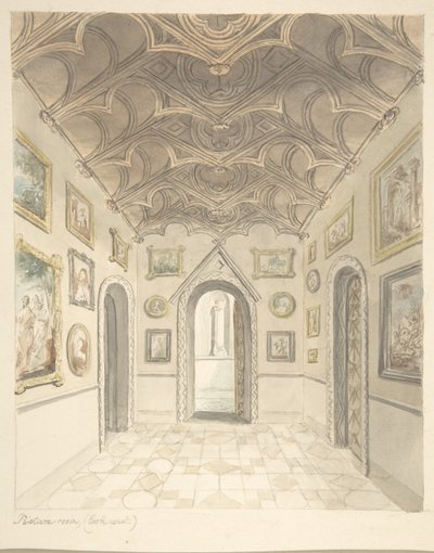 Castello di Lea, Worcestershire, Sala delle Immagini, Vista Ovest, ca. 1816 da John Carter.