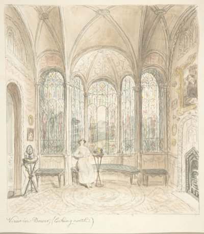 Castello di Lea, Worcestershire, vista nel Bower, guardando a nord, ca. 1816 da John Carter.