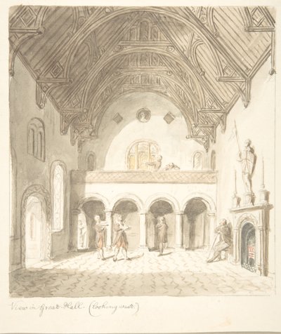 Castello di Lea, Worcestershire, Vista nella Grande Sala, Guardando a Ovest, ca. 1816 da John Carter.