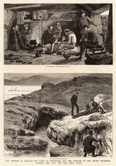 La sofferenza in Irlanda, il Duca di Edimburgo e gli ufficiali dello squadrone di soccorso visitano i malati al largo della costa occidentale da John Charles Dollman
