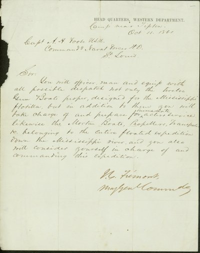 Lettera firmata J.C. Fremont, Maggiore Generale Comandante, Quartier Generale, Dipartimento Occidentale, campo vicino a Tipton, al Capitano A.H. Foote, U.S.N. Comandante delle Forze Navali H.D., St. Louis, 11 ottobre 1861 da John Charles Frémont