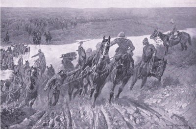 Artiglieria che attraversa il Caledon a Karreepoort Drift, illustrazione da After Pretoria: The Guerilla War, 1902 da John Charlton
