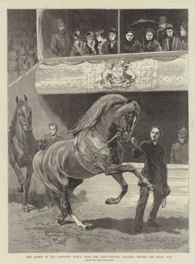 La Regina alla Mostra del Cavallo di Islington, i vincitori dei premi sfilano davanti alla tribuna reale da John Charlton
