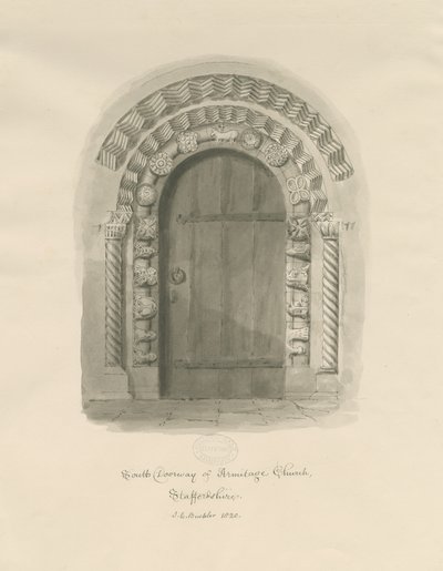 Chiesa di Armitage - Porta Sud: disegno a seppia da John Chessell Buckler