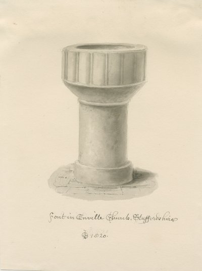 Fonte battesimale nella chiesa di Enville (disegno a seppia, 1820) da John Chessell Buckler