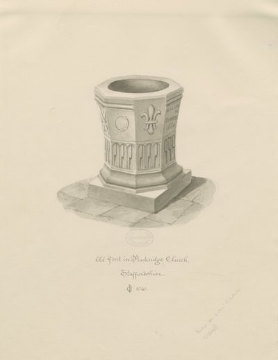 Fonte battesimale nella Chiesa di Penkridge: disegno a seppia, 1841 da John Chessell Buckler