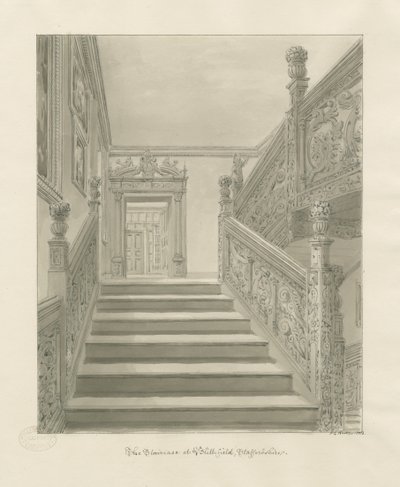 Interno di Blithfield Hall: disegno a seppia da John Chessell Buckler
