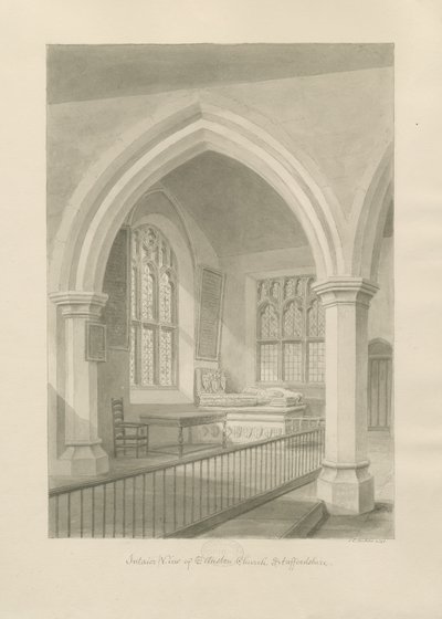Interno della Chiesa di Ellastone: disegno a seppia, 1841 da John Chessell Buckler