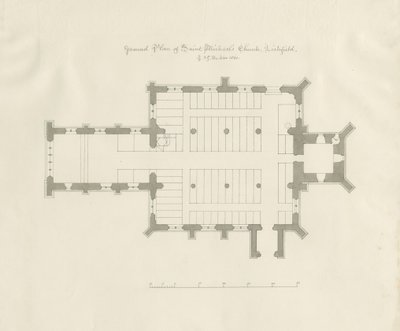 Lichfield - Pianta della chiesa di St. Michael: disegno a penna e seppia da John Chessell Buckler